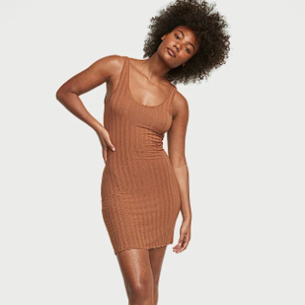 VICTORIA'S SECRET Luxe Modal Ribbed Slip / Nightgown Caramel Sexy NWT - Picture 1 of 6